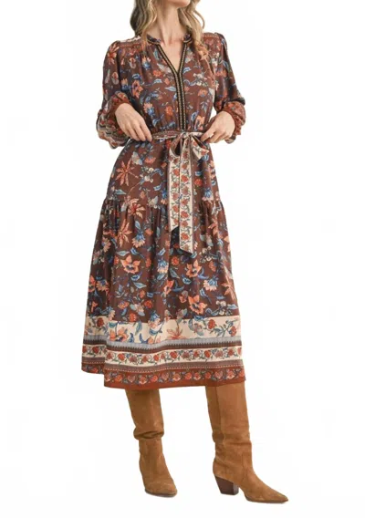 Merci Floral Border Print Belted Midi Dress In Brown Multi