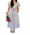 Merci Floral Bubble Sleeve Midi Dress With Lace Trim In Ivory In White