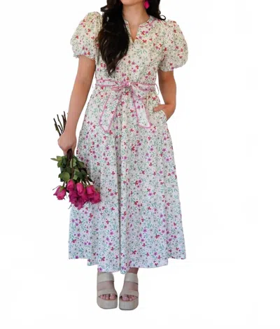 Merci Floral Bubble Sleeve Midi Dress With Lace Trim In Ivory In White