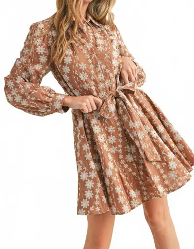 Merci Floral Embrodiered Mini Dress In Brown