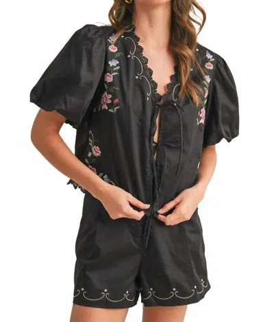 Merci Floral Embroidery Lace Trom Top And Shorts Set In Black