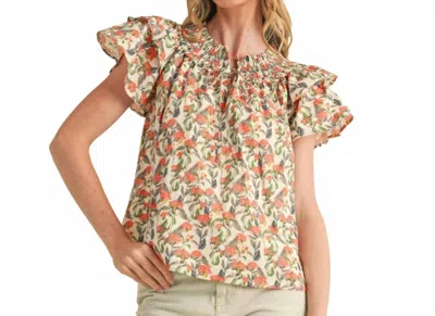 Merci Floral Flutter Sleeve Blouse In Ivory In Multi