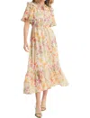 Merci Floral Flutter Sleeve Midi Dress In Ivory/pink In Multi