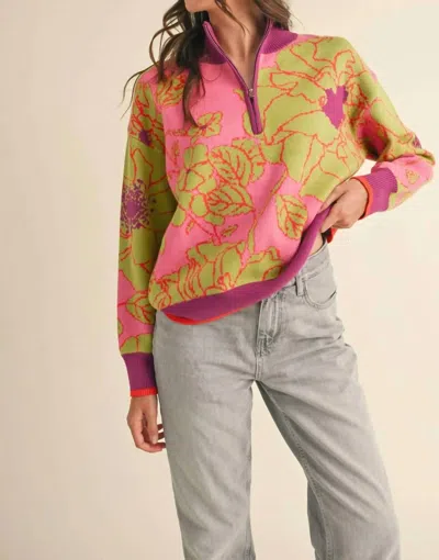 Merci Floral Fushia One Half Zip Pullover In Fuschia In Pink