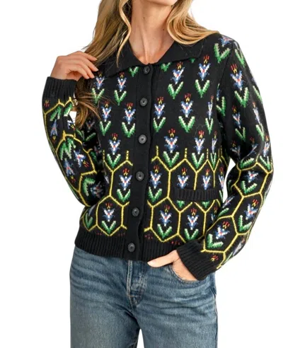Merci Floral Knit Collared Sweater Cardigan In Black Multi
