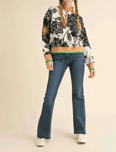 Merci Floral Knit Mock Neck Half Zip Pullover In Camel/ Black