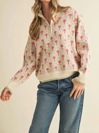 Merci Floral Mock Neck Half Zip Pullover Sweater In Oat Sage Multi