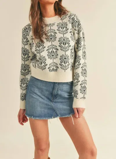 Merci Floral Pattern Knit Sweater In Green And Cream