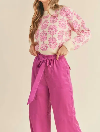 Merci Floral Pattern Knit Sweater In Pink And Cream