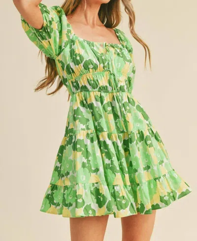 Merci Floral Print Tiered Mini Dress In Green