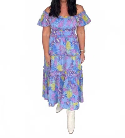 Merci Floral Puff Sleeve Midi Dress In Blue/ Lavender