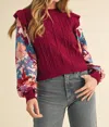 Merci Floral Sleeve Sweater In Maroon In Multi