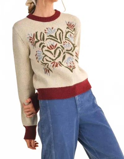 Merci Floral Sweater In Maroon In Beige