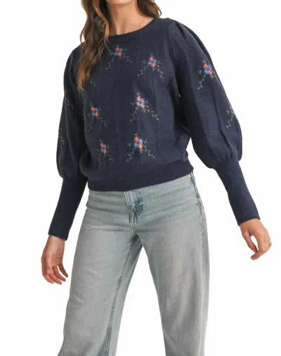 Merci Flower Embroidered Sweater In Navy In Blue