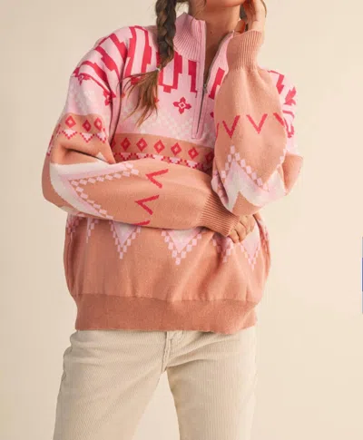 Merci Geometric Knit Half Zip Pullover In Caramel Multi