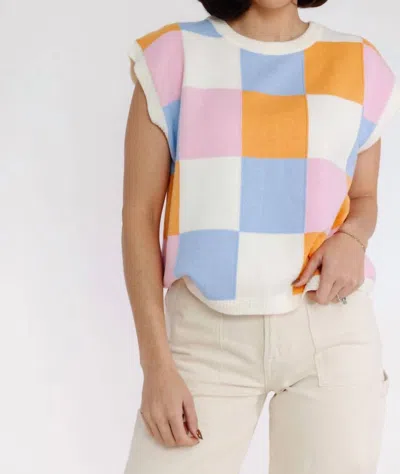Merci Grace Checkered Sweater Vest In Ivory/pink In Multi