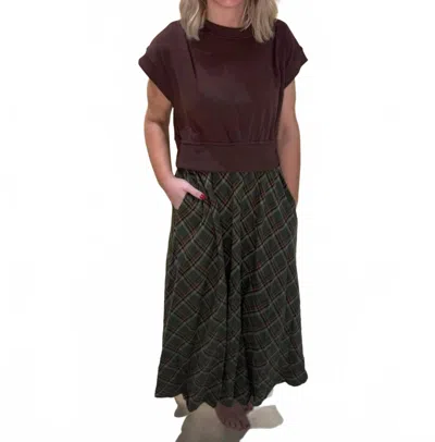 Merci Gracyn Mixed Media Midi Dress In Olive Multi Plaid In Blue