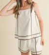 Merci Haley Contrast Piping Tie Shoulder Top And Shorts Set In White Cocoa In White
