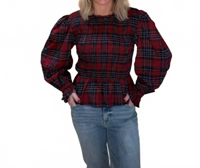 Merci Halia Puff Sleeve Peplum Top In Red Navy Plaid