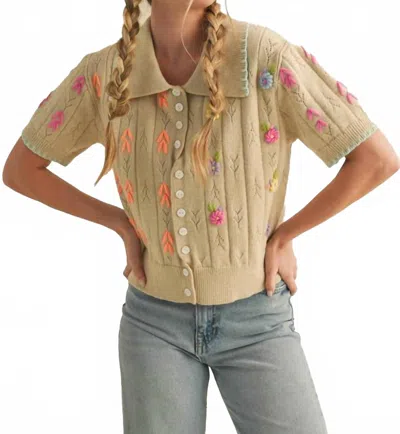 Merci Hand Embroidered Short Sleeve Button Down Sweater In Beige In Sand