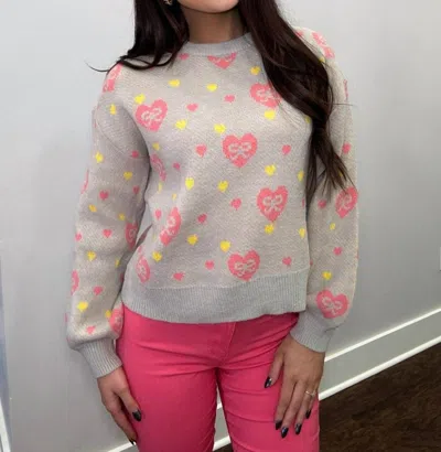 Merci Heart And Bow Sweater In Taupe In Pink