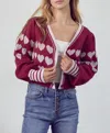 MERCI HEART BUTTON-FRONT CARDIGAN IN BURGUNDY LAVENDER COMBO