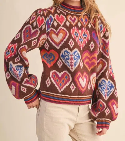 Merci Hearts Crewneck Sweater In Brown Multi