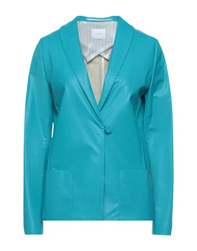 Merci Italia Woman Blazer Turquoise Size 4 Polyurethane, Polyester In Blue
