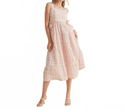 Merci Ivory Floral Side Bow Coquette Midi Dress In Pink