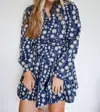 Merci Jenny Floral Embroidery Button Down Flared Mini Dress In Navy In Blue