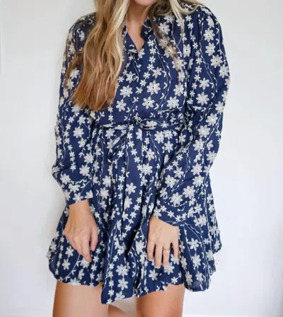 Merci Jenny Floral Embroidery Button Down Flared Mini Dress In Navy In Blue