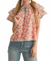 Merci Layered Flutter Sleeve Top In Coral /green In Multi