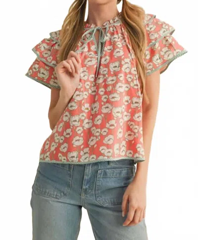 Merci Layered Flutter Sleeve Top In Coral /green In Multi
