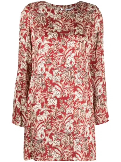Merci Leaf-print Long-sleeve Dress In Red