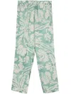 Merci Leaf-print Satin Trousers In Green