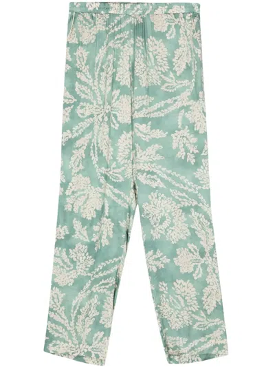 Merci Leaf-print Satin Trousers In Green
