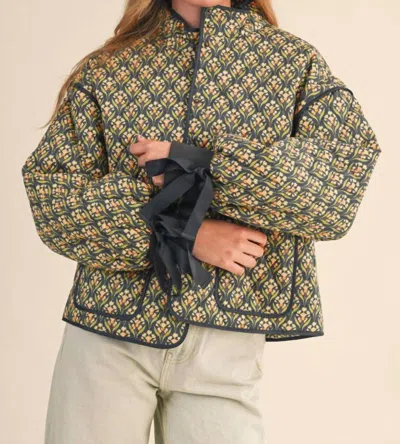 Merci Level Up Floral Quilted Jacket In Navy & Teal In Green