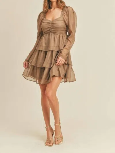 Merci Madeline Shirred Ruffle Tier Layer Mini Dress In Mocha Gold Foil In Brown