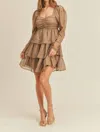 Merci Madeline Shirred Ruffle Tier Layer Mini Dress In Mocha Gold Foil In Multi