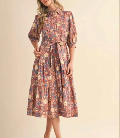 Merci Midi Dress With Tiered Skirt In Mauve Floral In Multi