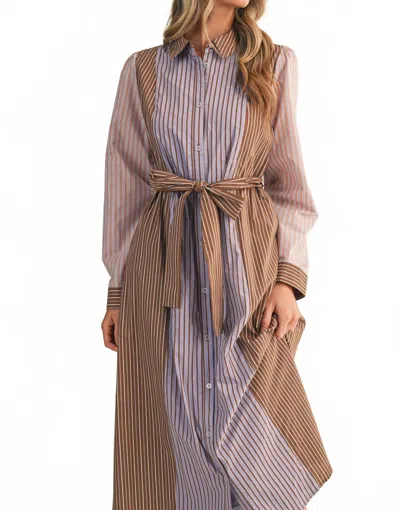 Merci Mixed Stripe Collard Button Down Midi Dress In Blue