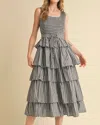 Merci Multi Stripe Smocked Bodice Layered Midi Dress In Black In Gray