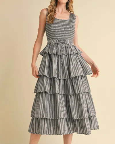 Merci Multi Stripe Smocked Bodice Layered Midi Dress In Black In Gray