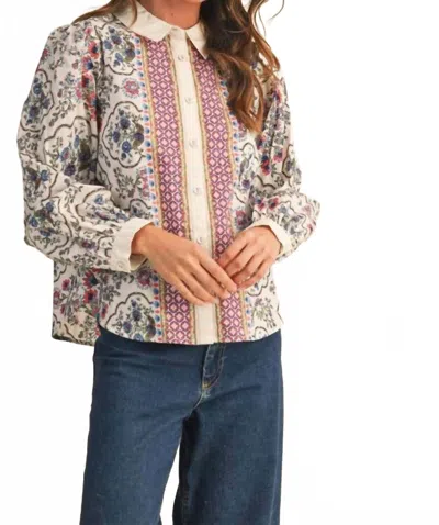 Merci Natalie Floral Border Print Button Up Top In Ivory In Multi