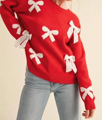 Merci Nora Velvet Bow Pattern Sweater In Red With Ivory In Multi