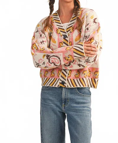 Merci Paisley Knit Cardigan In Ivory Coral Multi In Pink