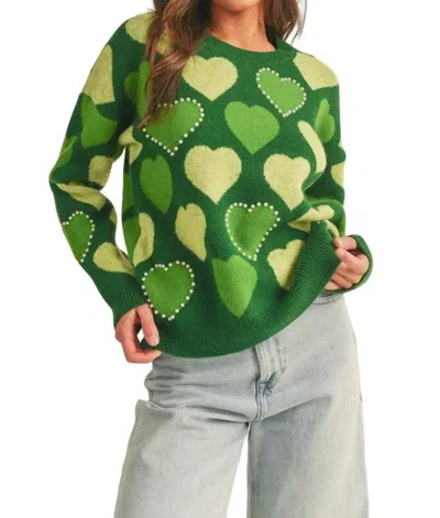 Merci Pearl Embellished Heart Sweater In Green