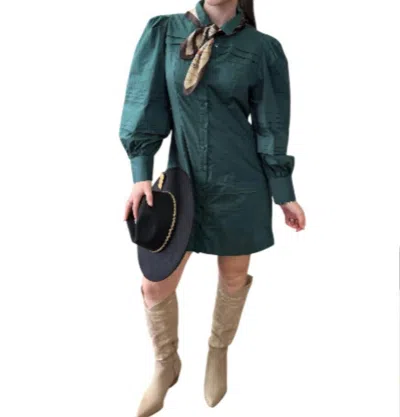 Merci Pin Tuck Detail Button Down Mini Dress In Green