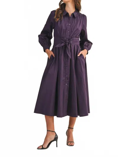 Merci Pintuck Waist Tie Front Midi Dress In Eggplant In Purple