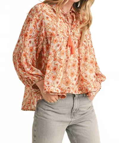 Merci Print Collared Top In Cream/ Orange In Multi